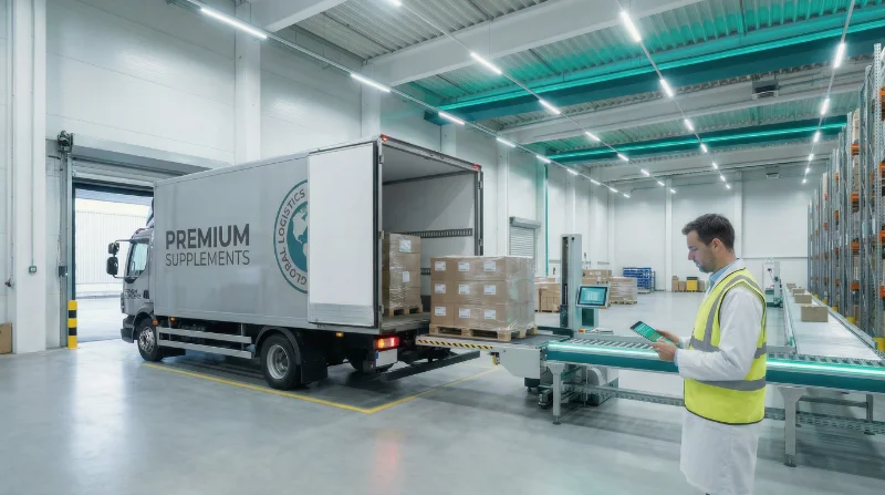 Quality control inspector checking supplement shipment in modern warehouse facility
