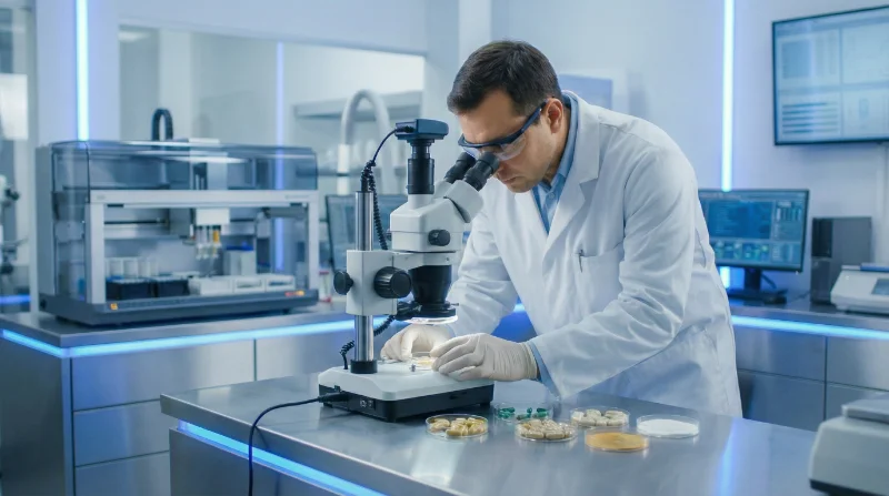 Scientist examining supplement samples under microscope in independent laboratory