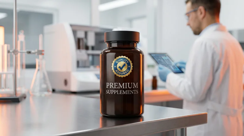 Premium supplement bottle with quality assurance seal in testing facility